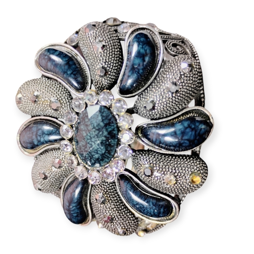 Vintage Silver Floral Cuff Bracelet Blue Cabochons - Picture 6 of 17